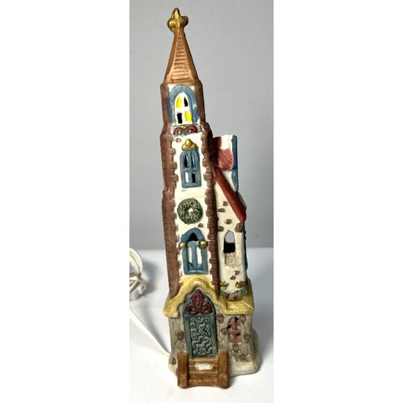 Vintage Ceramic Hand-Painted Light-Up Church Tower - Picture 1 of 5